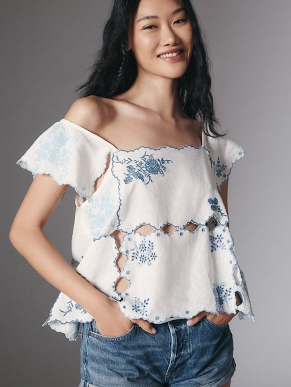 Anthropologie Patchwork Hanky Linen Top Blue Embroidery Cut-Out M - Picture 3 of 8